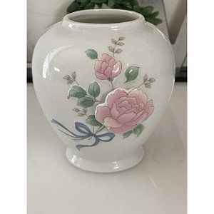 Vintage Japan Mini Vase 3D Raised Roses Porcelain Collectible White and Pink EUC